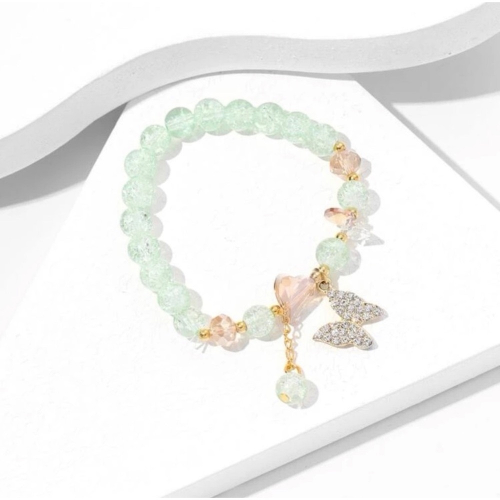 1 LEFT! Minty Green Beaded Butterfly Charm Bracelet - Picture 4 of 4